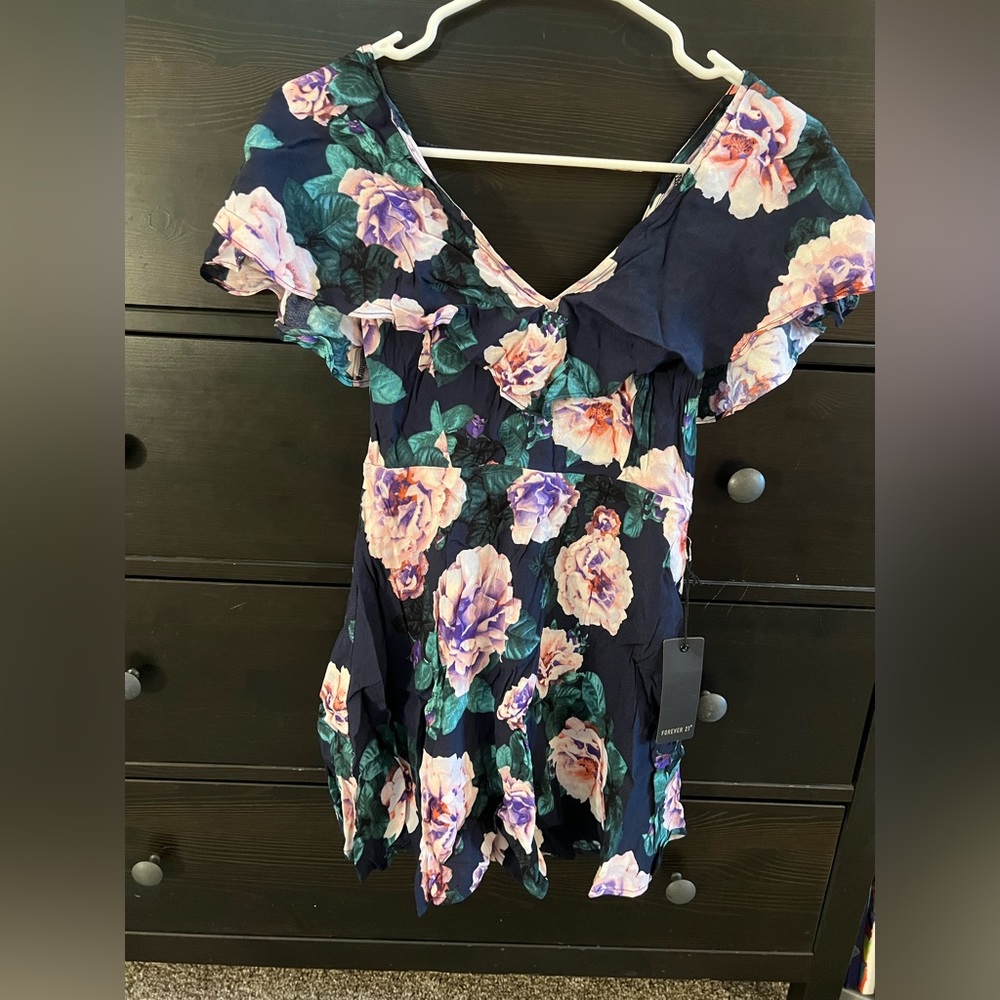 Forever 21 Blue Floral Cape Sleeve Dress S NWT